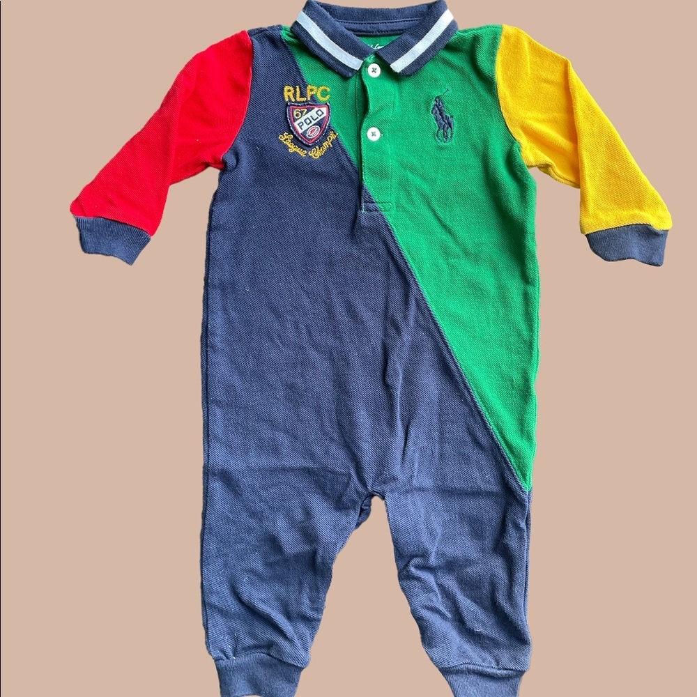 Ralph Lauren Vintage 90's Long Sleeve Color Block Collared Rugby Romper 6M